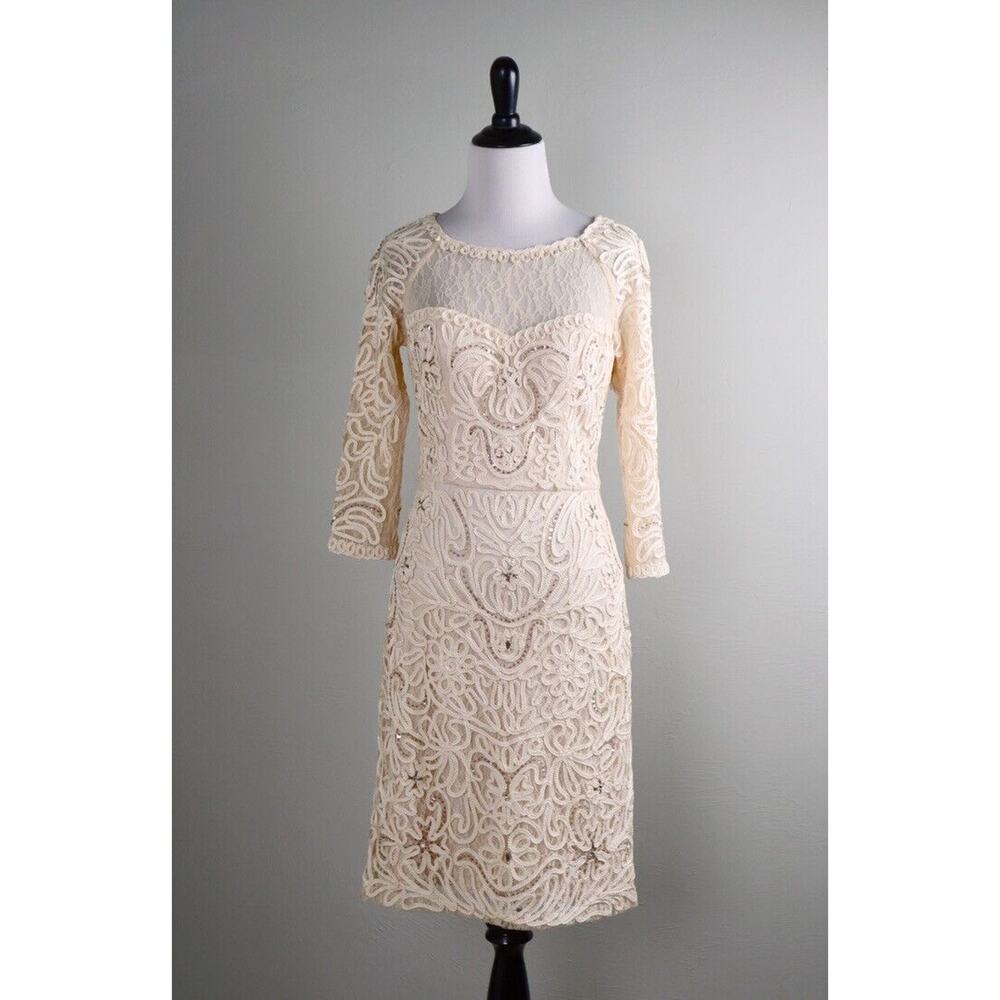 SUE WONG Nocturne $458 Lace Beige Beaded Sheer Yoke Lined Evening Dress Size 4